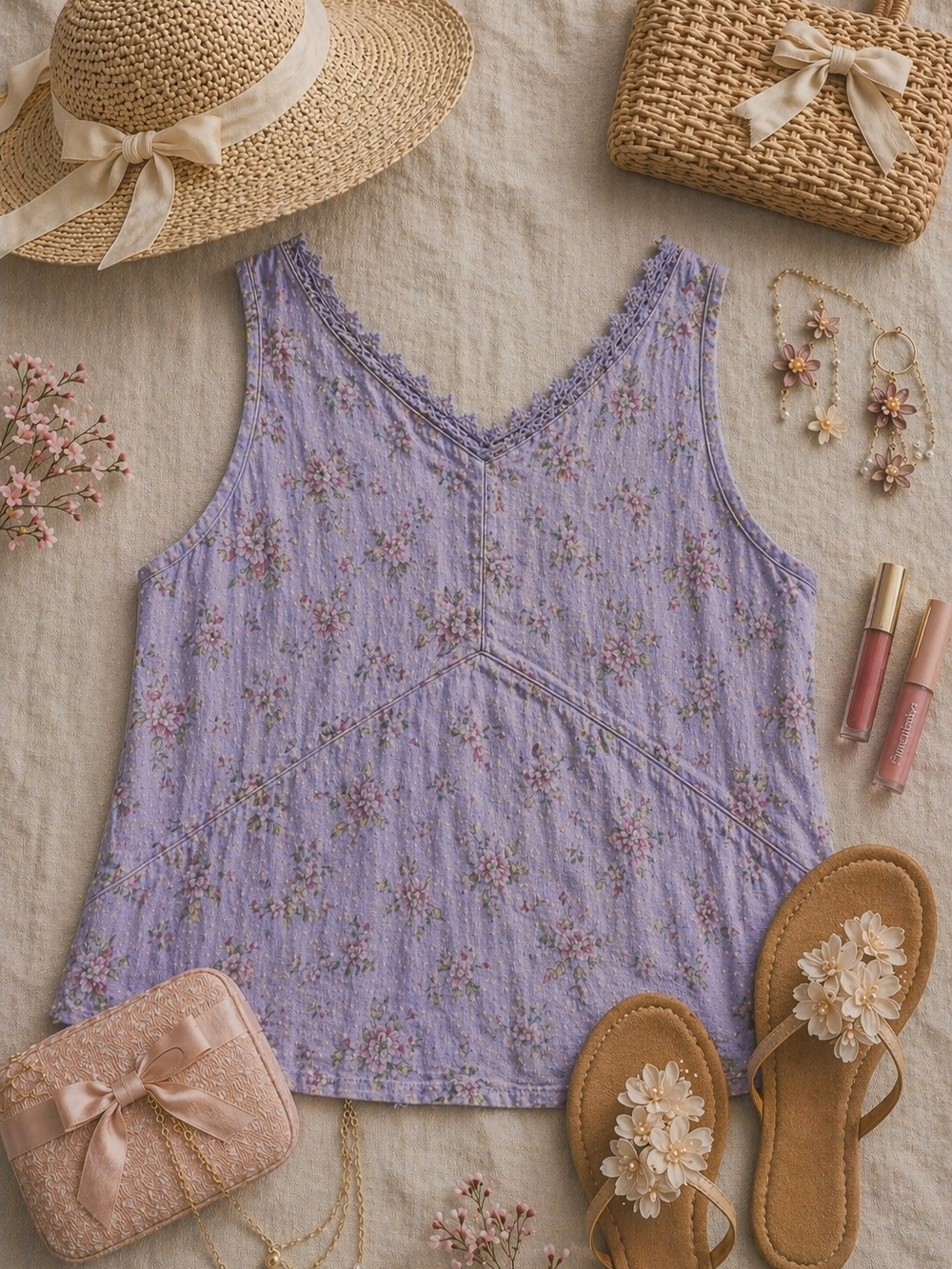 GUC Zona Clothes Floral Lace-Trim V-Neck Sleeveless Top Size Medium
